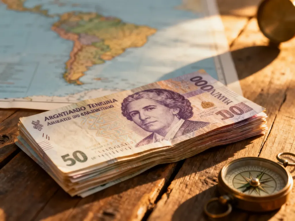 Stos banknotów peso argentyńskich na drewnianym stole w otoczeniu mapy Ameryki Południowej i kompasu.