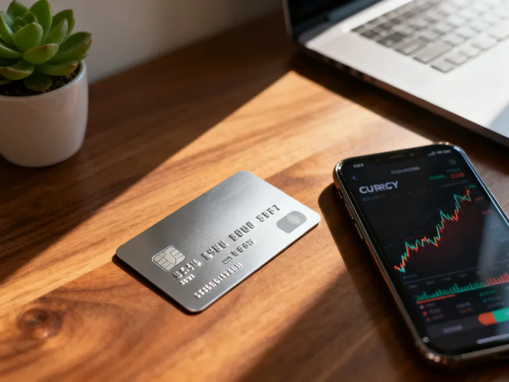 Metalowa karta płatnicza i smartfon z wykresem kursów walut na drewnianym biurku, symbolizujące nowoczesne finanse.