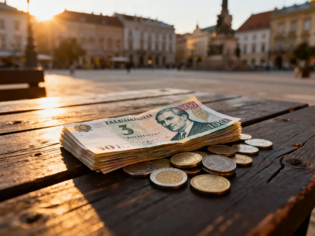 Stos banknotów i monet forinta węgierskiego na drewnianym stole na tle rozmytej architektury historycznego miasta.