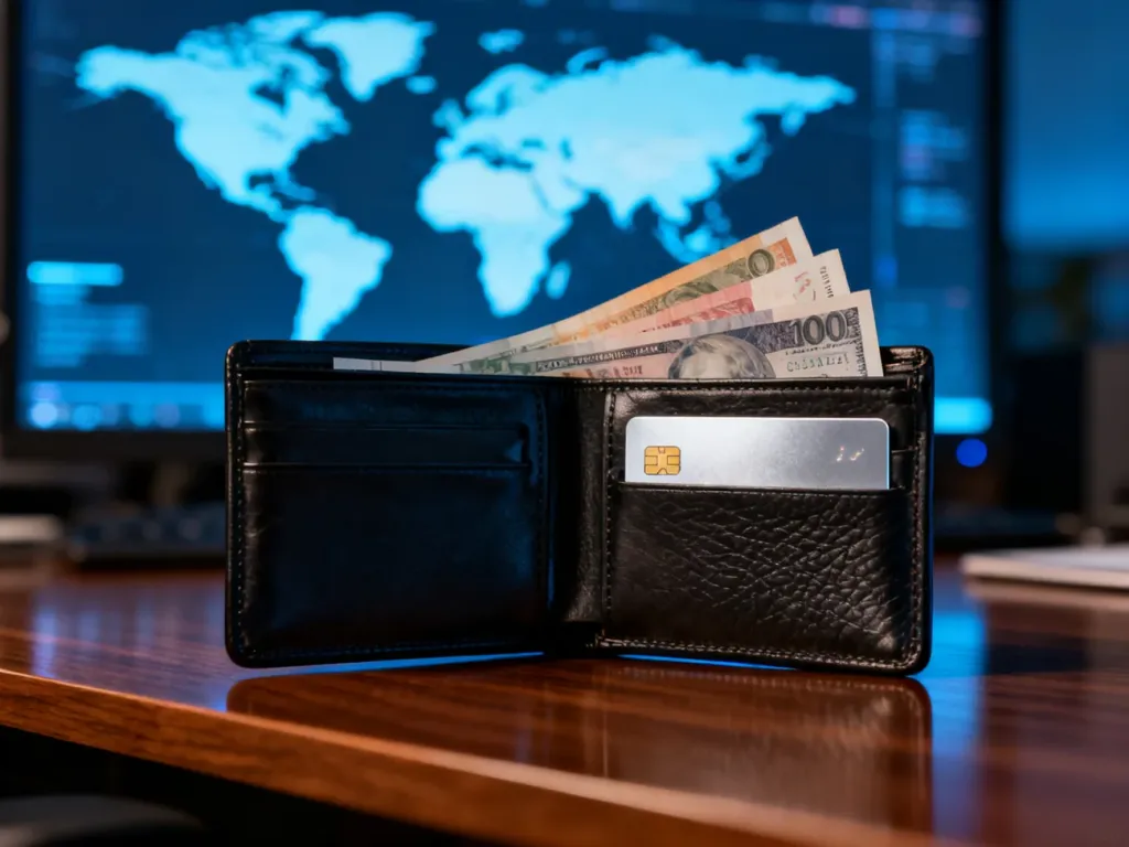 Skórzany portfel z różnymi walutami i kartą płatniczą na tle podświetlonej mapy świata, symbolizujący finanse międzynarodowe.