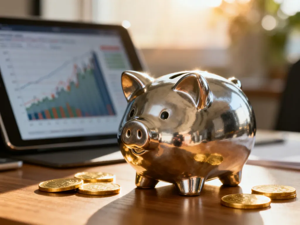 Metalowa skarbonka i złote monety na biurku, symbolizujące oszczędzanie i planowanie finansowe z wykorzystaniem wykresów.