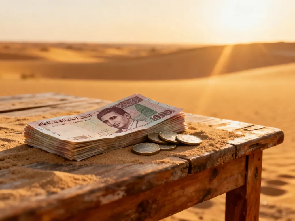 Stos banknotów i monet jordańskich dinarów na drewnianym stole na tle pustynnego krajobrazu Jordanii.