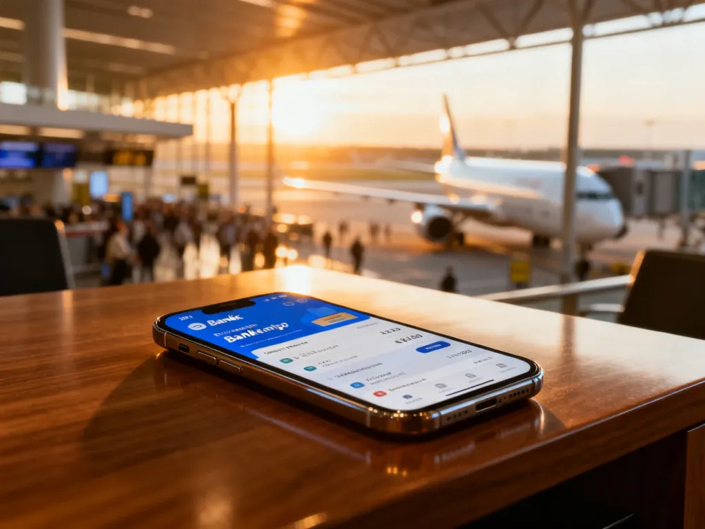 Smartfon z nowoczesną aplikacją bankową na tle lotniska, symbolizujący wygodne zarządzanie finansami za granicą.