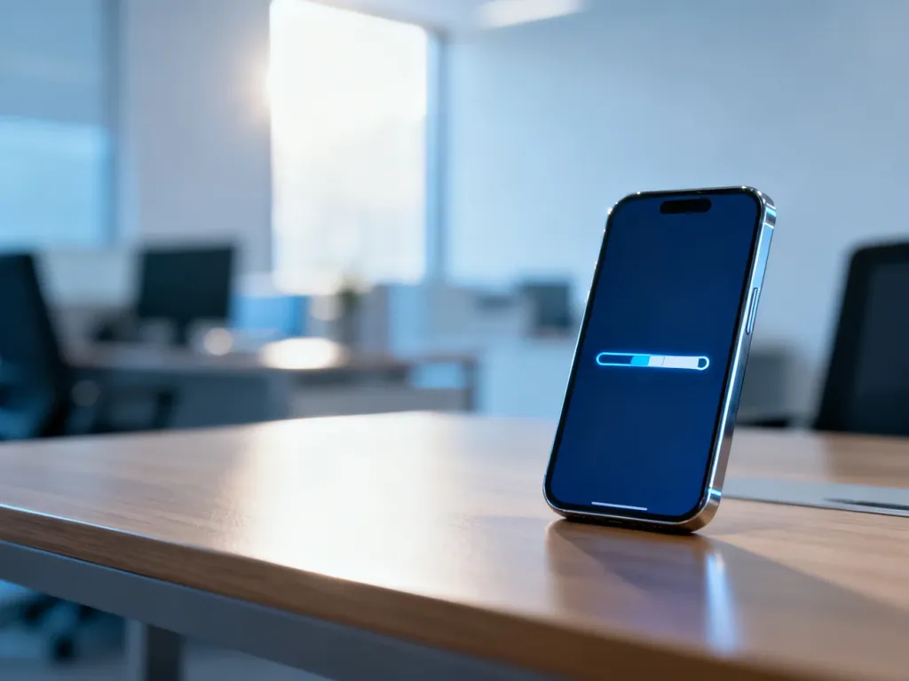 Smartfon z paskiem postępu transakcji na drewnianym biurku, symbolizujący oczekiwanie na przelew bankowy.
