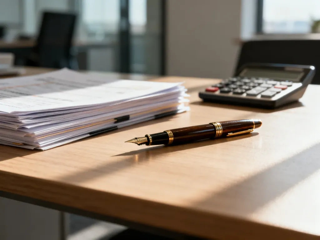 Wieczne pióro na biurku obok dokumentów finansowych i kalkulatora, symbolizujące profesjonalne rozliczenia i pracę z danymi.