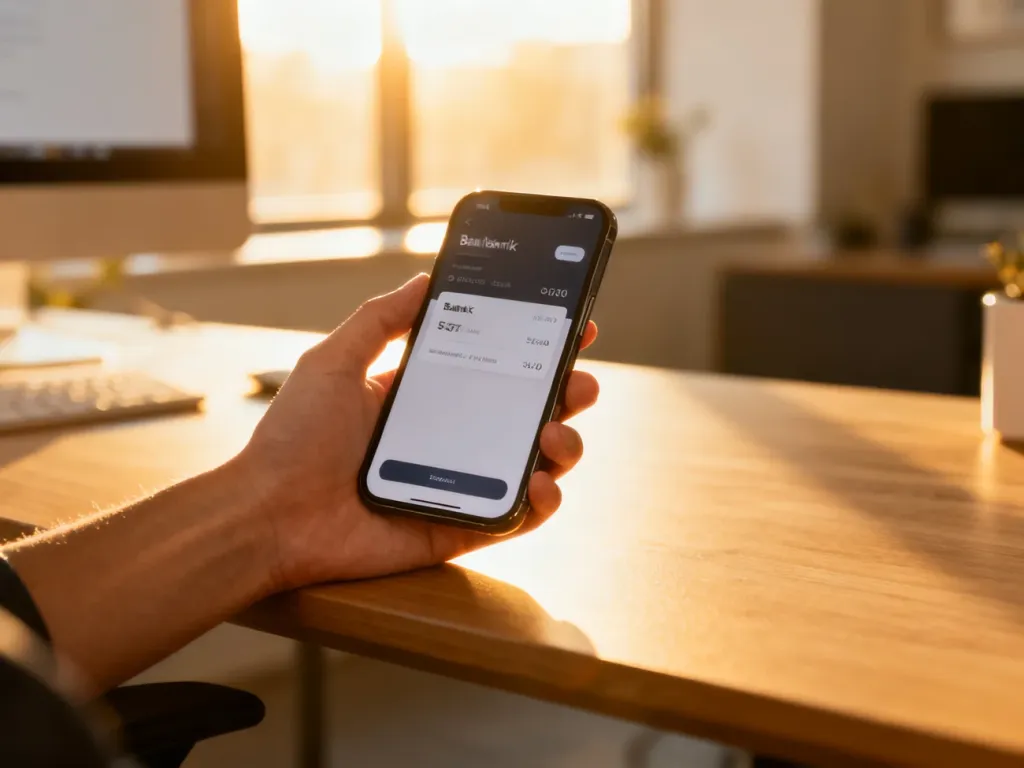 Dłoń trzymająca smartfon z otwartą aplikacją bankową na tle nowoczesnego biura domowego.