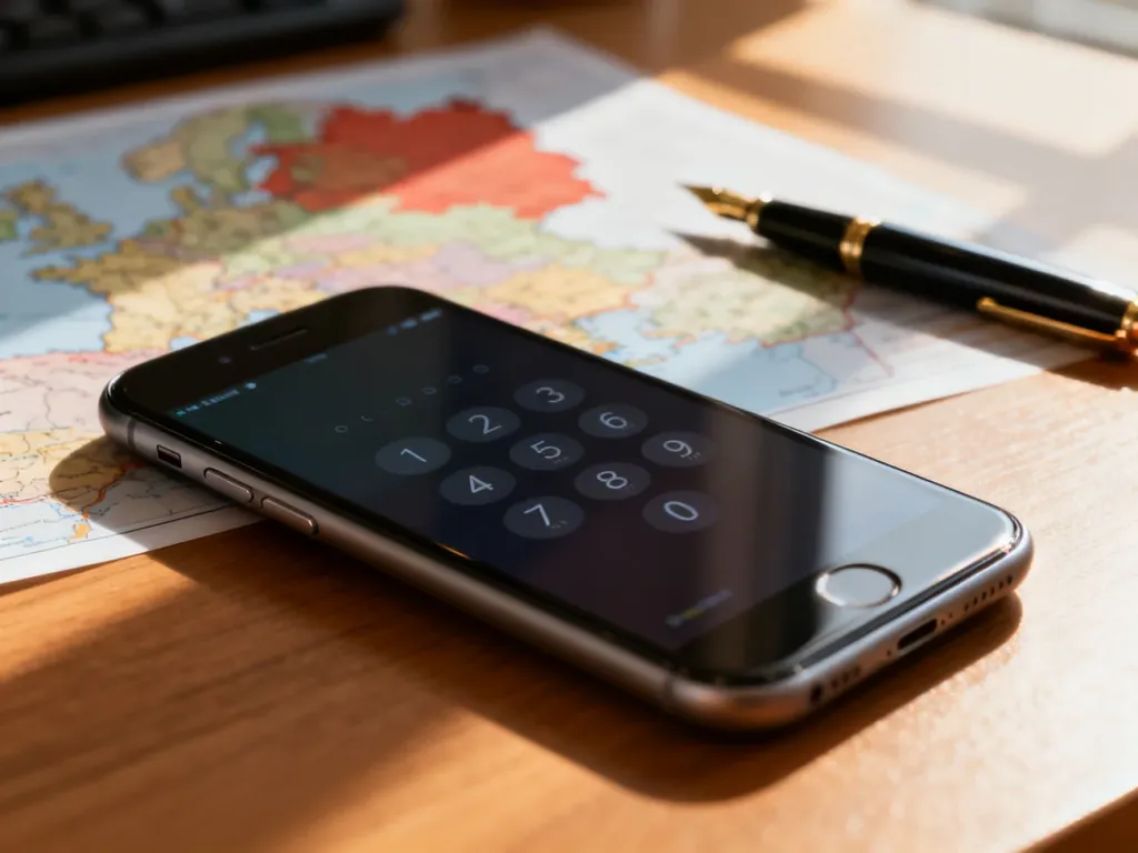 Nowoczesny smartfon z klawiaturą numeryczną na biurku, w tle mapa Niemiec. Ilustracja do artykułu o niemieckich numerach.