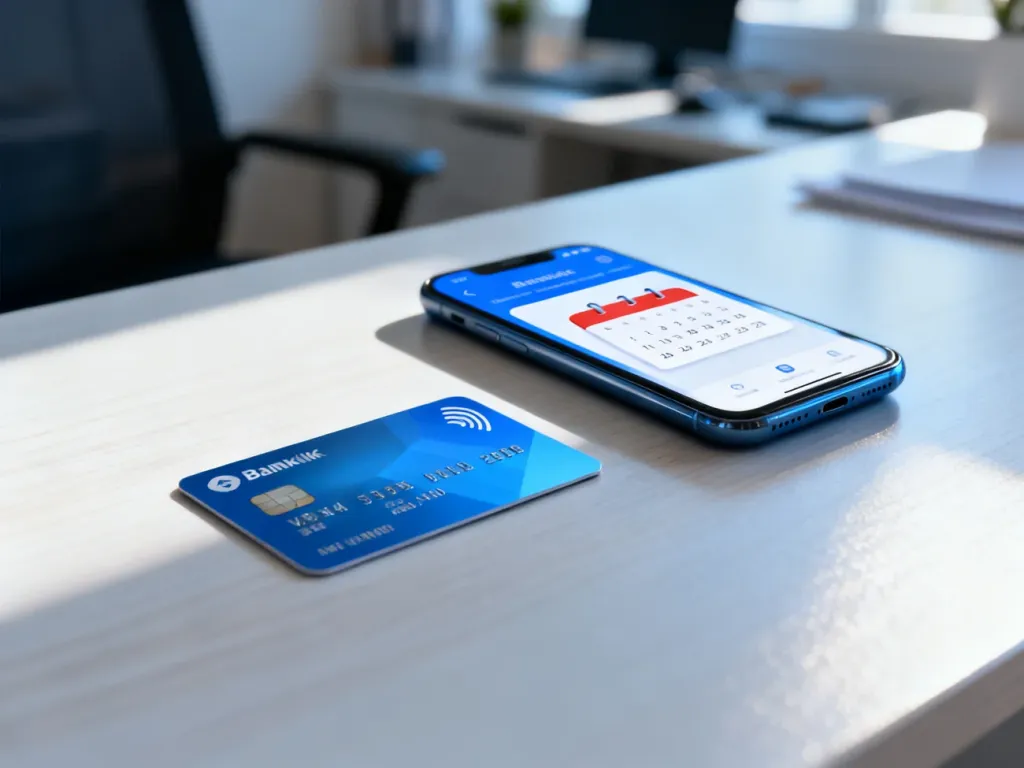 Karta płatnicza i smartfon z aplikacją bankową na biurku, symbolizujące proces zarządzania płatnościami i reklamacjami.