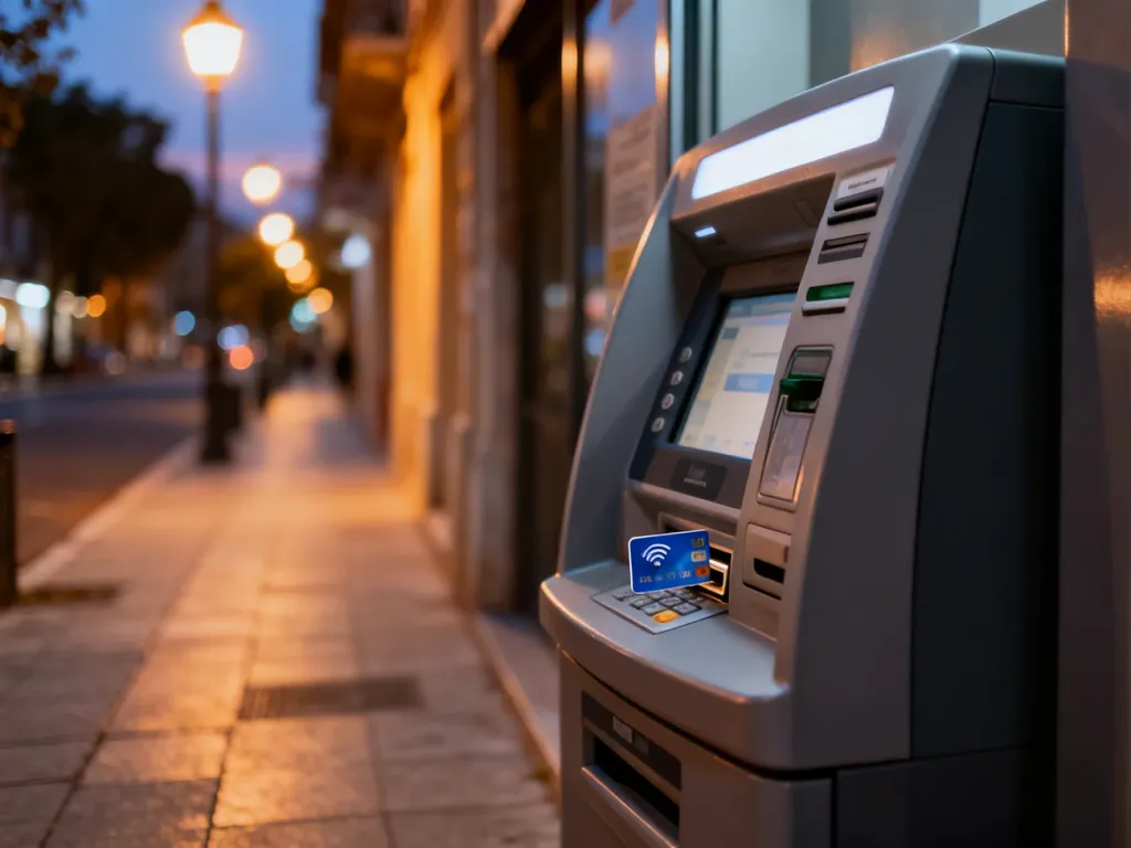 Nowoczesny bankomat na miejskim chodniku o zmroku, z widocznym zbliżeniem na czytnik kart zbliżeniowych.