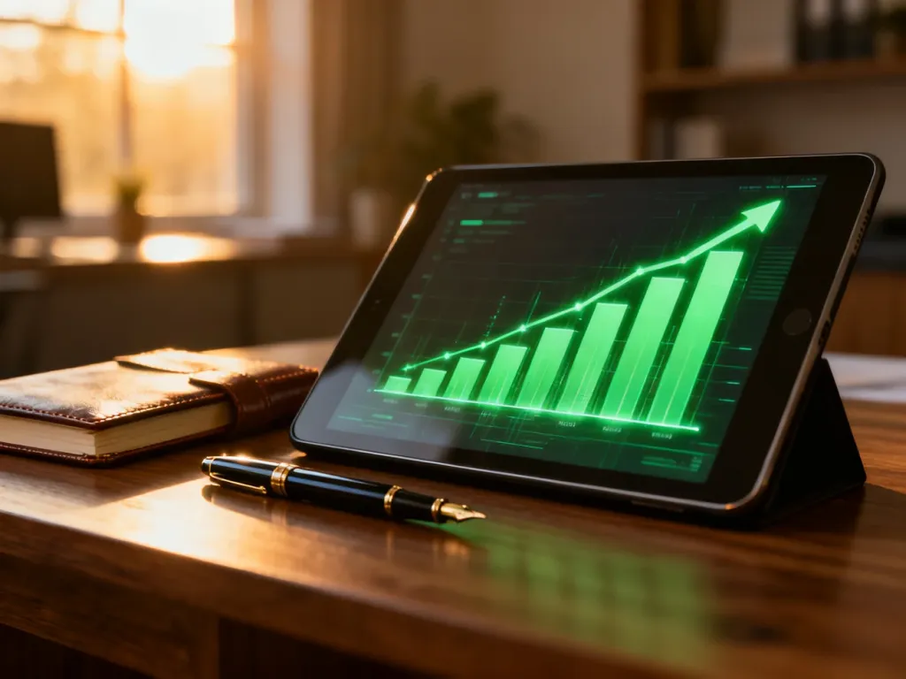 Nowoczesny tablet z wykresem wzrostu finansowego na drewnianym biurku, symbolizujący zarządzanie rachunkiem rejestrowym.