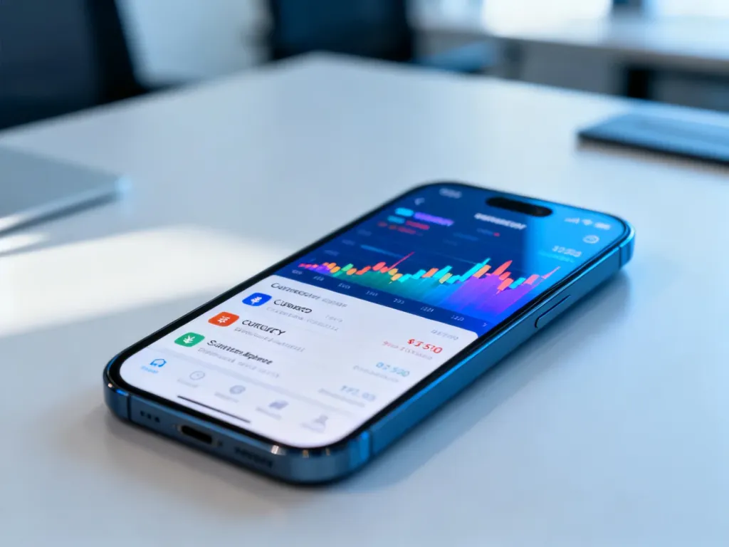 Smartfon z aplikacją do wymiany walut i wykresami kursów na tle nowoczesnego biura.