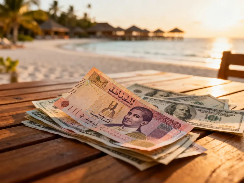 Banknoty funta egipskiego i dolary amerykańskie na drewnianym stole na tle egzotycznej plaży.