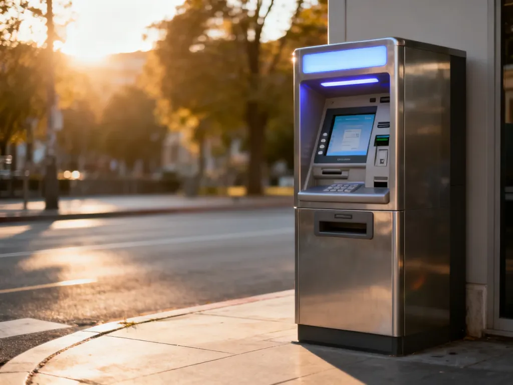 Nowoczesny bankomat na słonecznej ulicy, umożliwiający wygodną wypłatę gotówki w ramach Konta Proste Zasady.