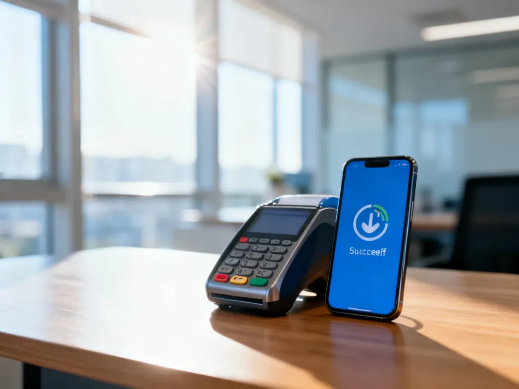 Nowoczesny terminal płatniczy i smartfon z potwierdzeniem transakcji na drewnianym biurku, symbolizujące szybkie płatności.