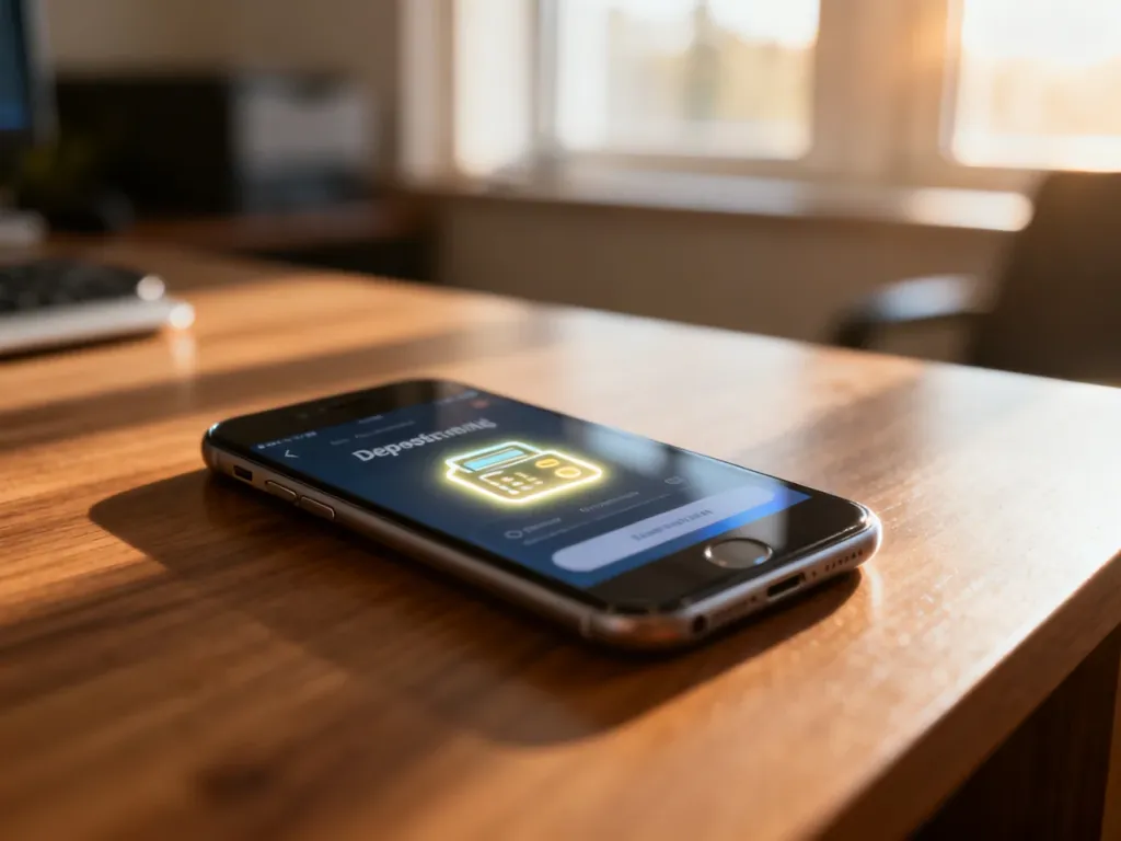 Smartfon z otwartą aplikacją bankową i ikoną lokaty na drewnianym biurku w świetle poranka.