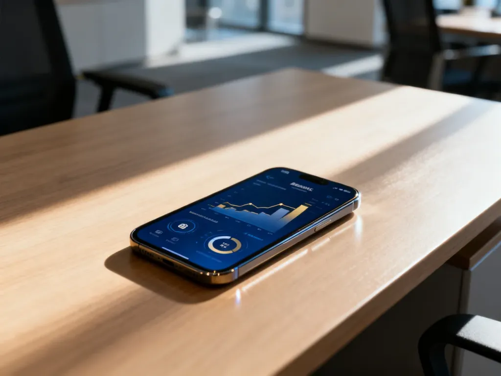 Nowoczesny smartfon z aplikacją bankową na drewnianym biurku, symbolizujący wygodne zarządzanie finansami online.