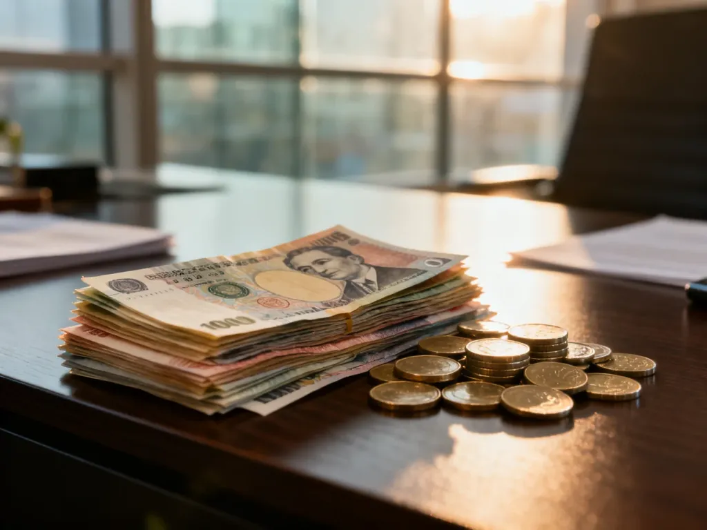 Stos różnych banknotów i monet na drewnianym biurku, symbolizujący wymianę walut w profesjonalnym otoczeniu.