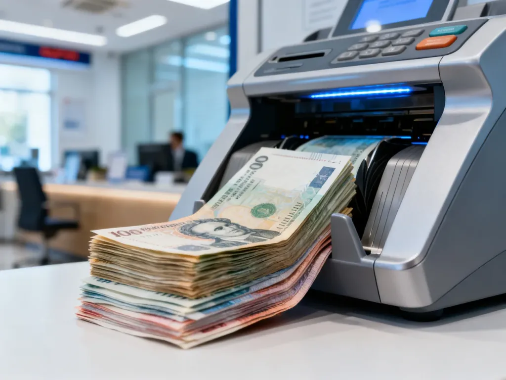 Dłoń wkładająca plik banknotów do szczeliny wpłatomatu w oddziale banku ING.