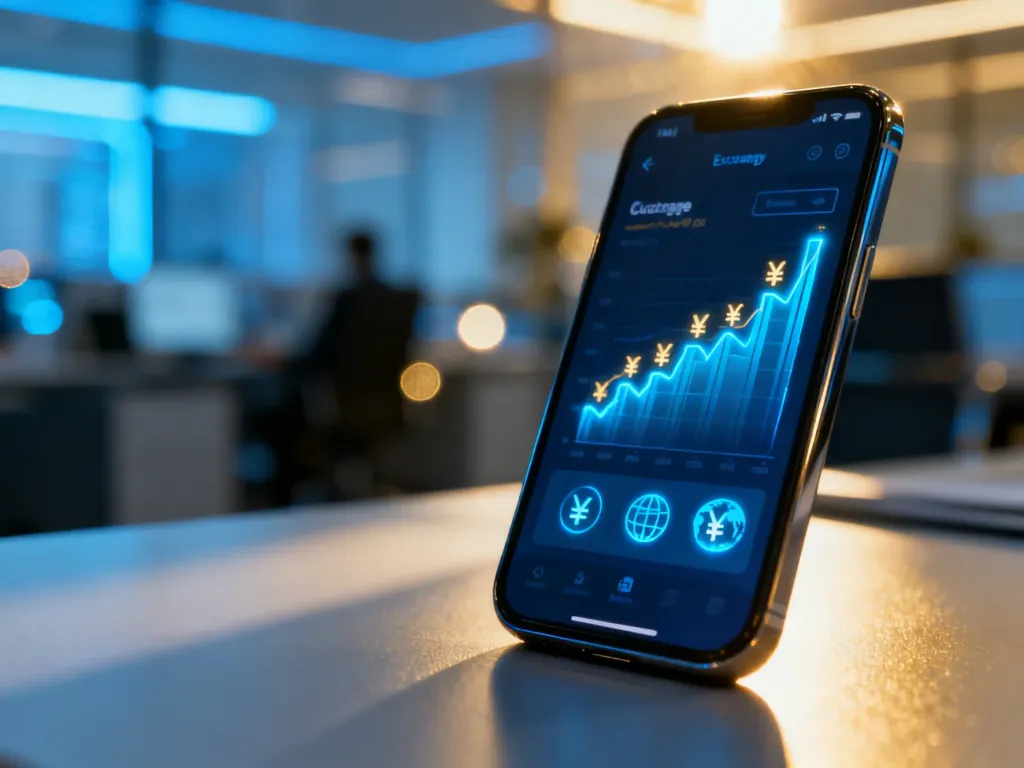 Smartfon z aplikacją do wymiany walut i wykresami kursów na tle nowoczesnego biura.