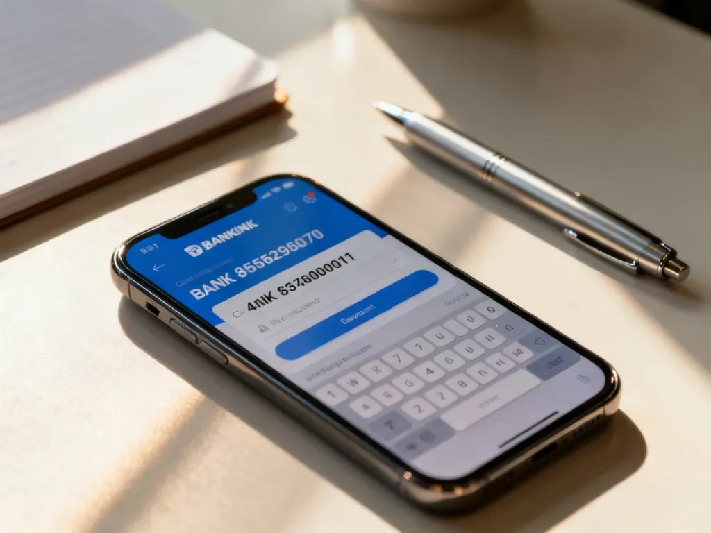 Smartfon z wyświetloną aplikacją bankową, prezentujący format numeru konta w profesjonalnym, biurowym otoczeniu.