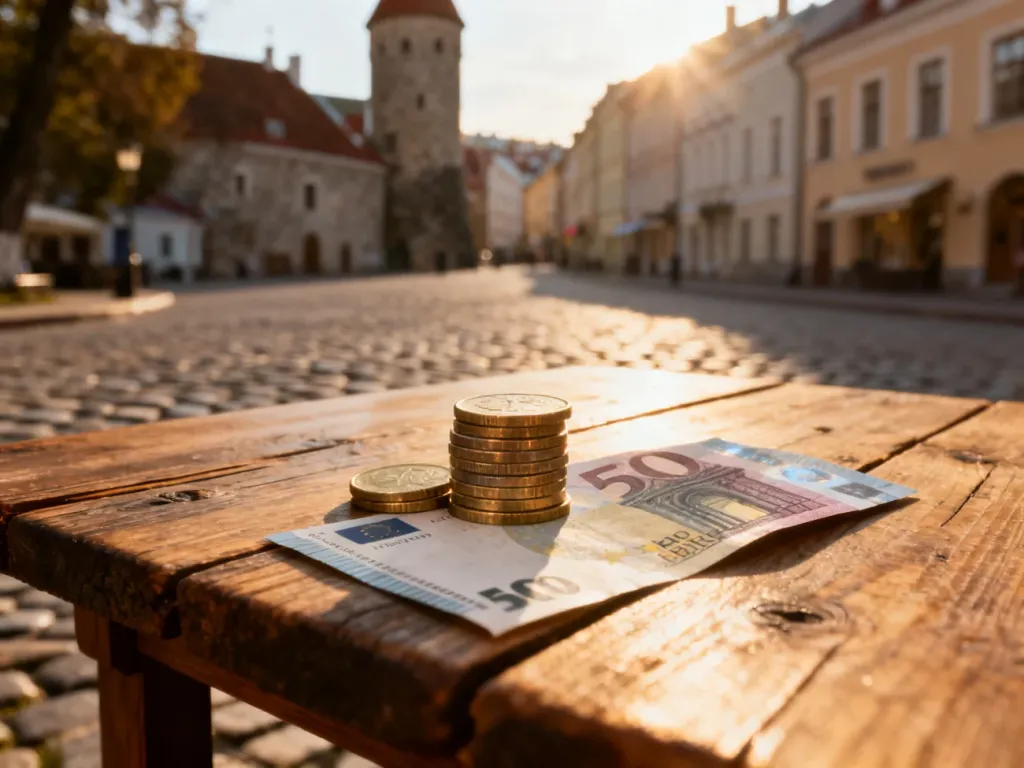 Stos walut euro na drewnianym stole na tle zabytkowej architektury Estonii w świetle zachodzącego słońca.