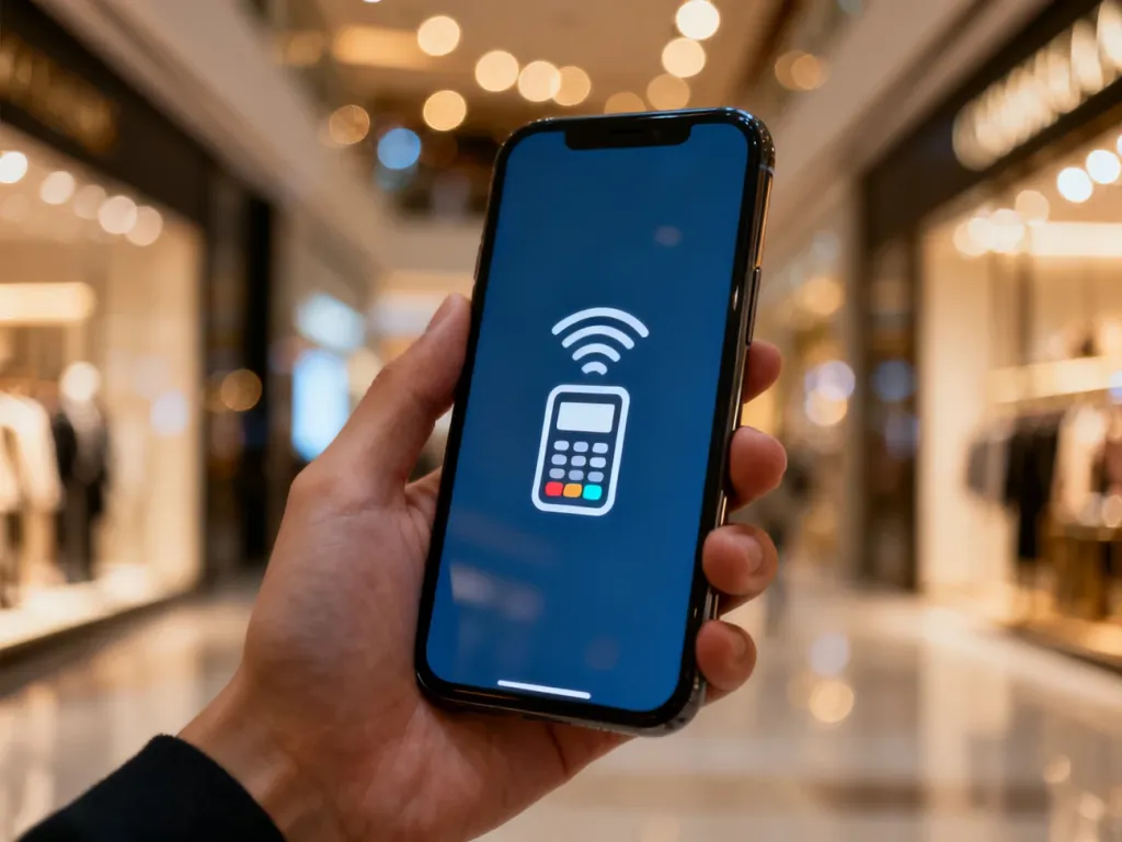 Dłoń trzymająca smartfon z widoczną ikoną płatności zbliżeniowych na tle nowoczesnego centrum handlowego.