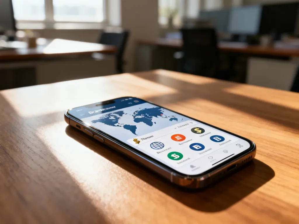 Ekran smartfona z interfejsem bankowości mobilnej do wykonywania międzynarodowych przelewów pieniężnych.