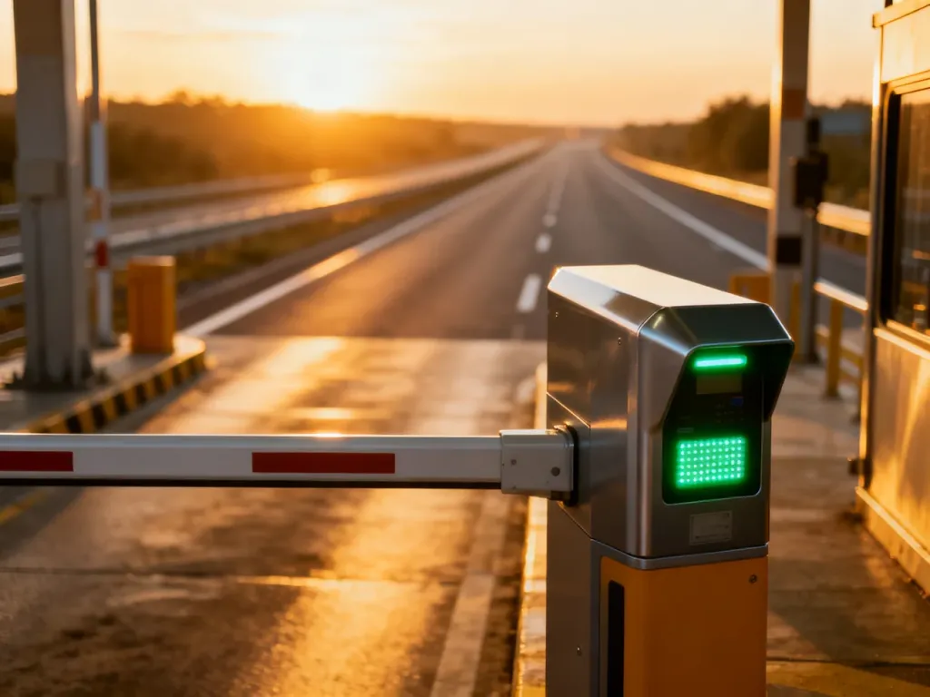 Nowoczesna bramka autostradowa z systemem elektronicznego poboru opłat w świetle zachodzącego słońca.