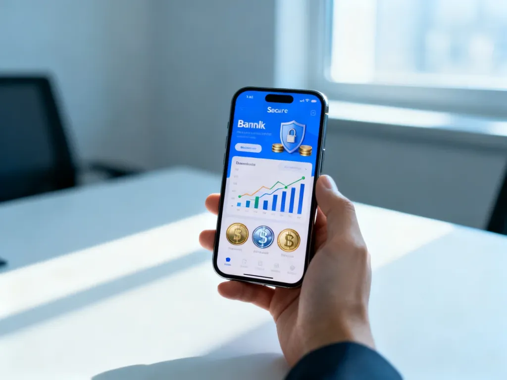 Dłoń trzymająca smartfon z otwartą aplikacją bankową prezentującą wykresy finansowe i ikony walut cyfrowych.