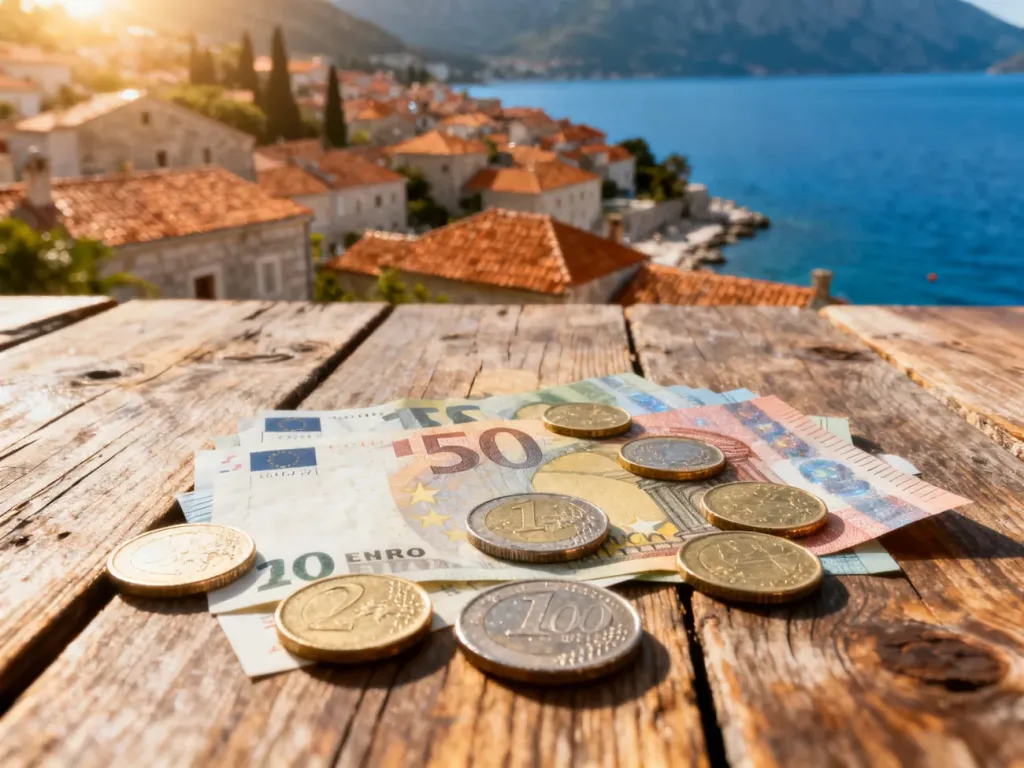 Monety i banknoty euro na drewnianym stole na tle słonecznego krajobrazu wybrzeża Czarnogóry.
