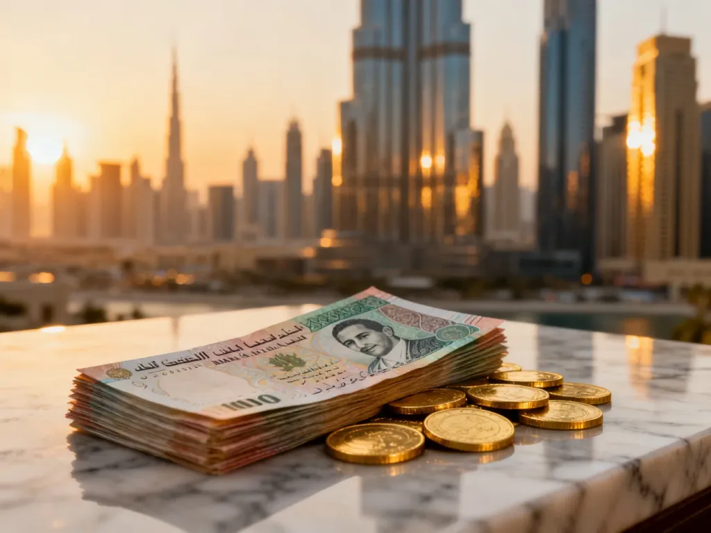 Stos banknotów dirhamów i złotych monet na tle panoramy Dubaju w blasku zachodzącego słońca.