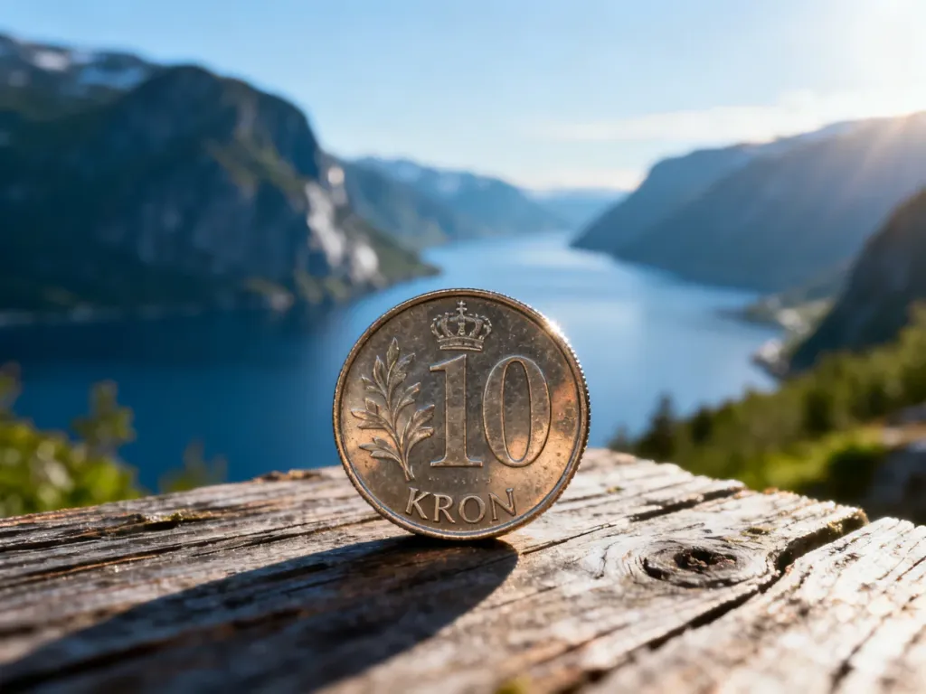 Norweska moneta korona leżąca na drewnianym tle z rozmytym krajobrazem fiordu w oddali.