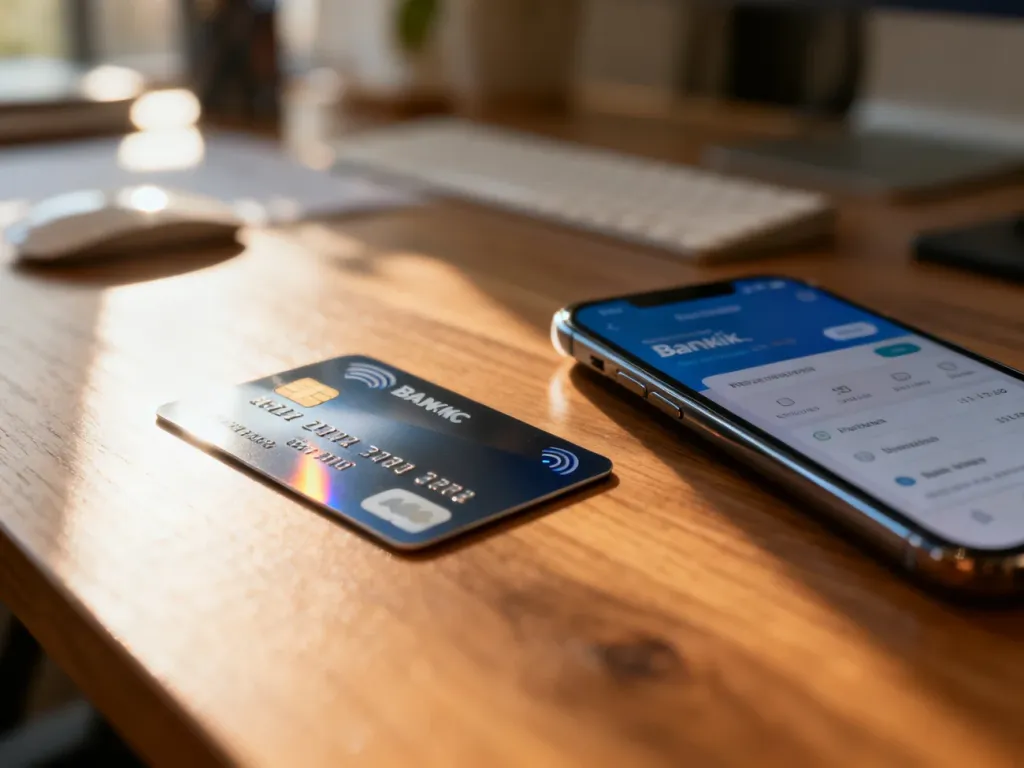 Karta płatnicza i smartfon z aplikacją bankową na biurku, symbolizujące wygodne zarządzanie kontem walutowym online.
