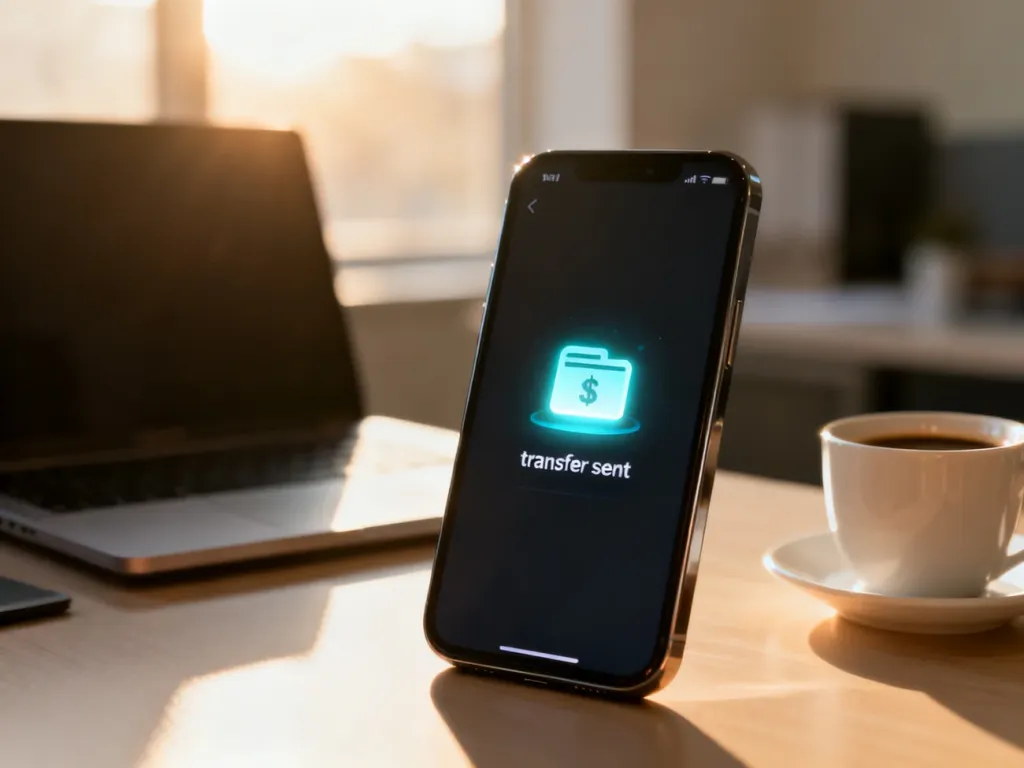 Smartfon z otwartą aplikacją bankową potwierdzającą wysłanie przelewu natychmiastowego na tle biurka.