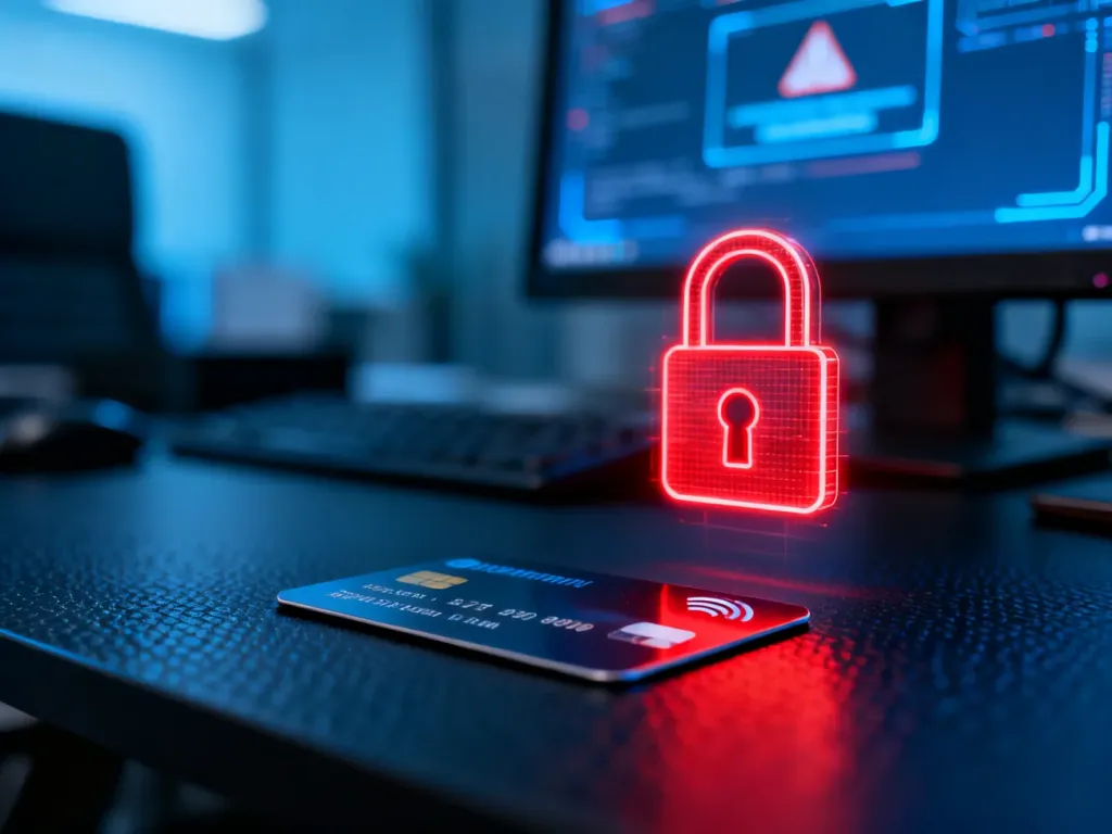 Karta płatnicza z czerwoną ikoną kłódki symbolizującą zagrożenie bezpieczeństwa transakcji i cyberatak.