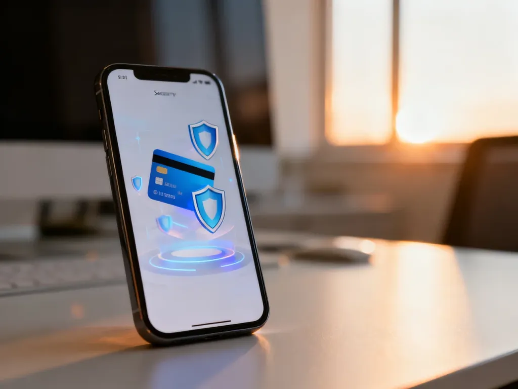 Smartfon z wyświetlonym interfejsem płatności cyfrowych i ikonami zabezpieczeń w nowoczesnym biurze.