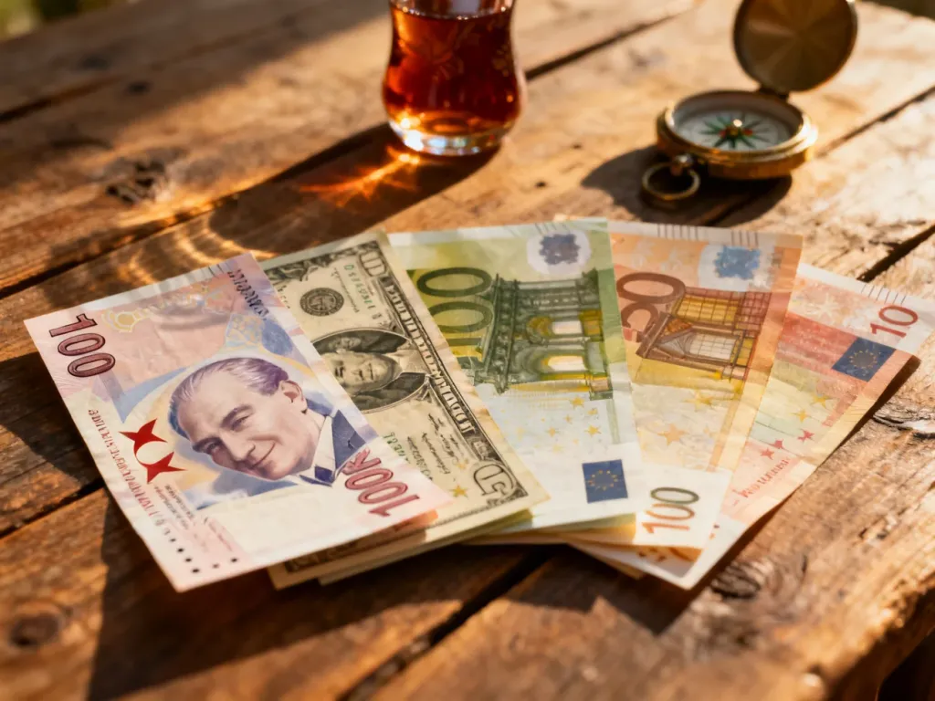 Banknoty liry tureckiej, dolarów i euro na drewnianym stole, sugerujące przygotowania do podróży do Turcji.