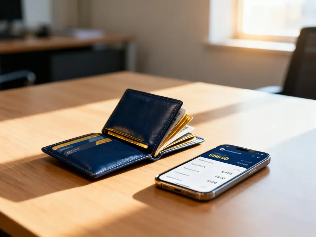 Skórzany portfel i smartfon z podsumowaniem finansowym na biurku, symbolizujące zarządzanie oszczędnościami w PPK.