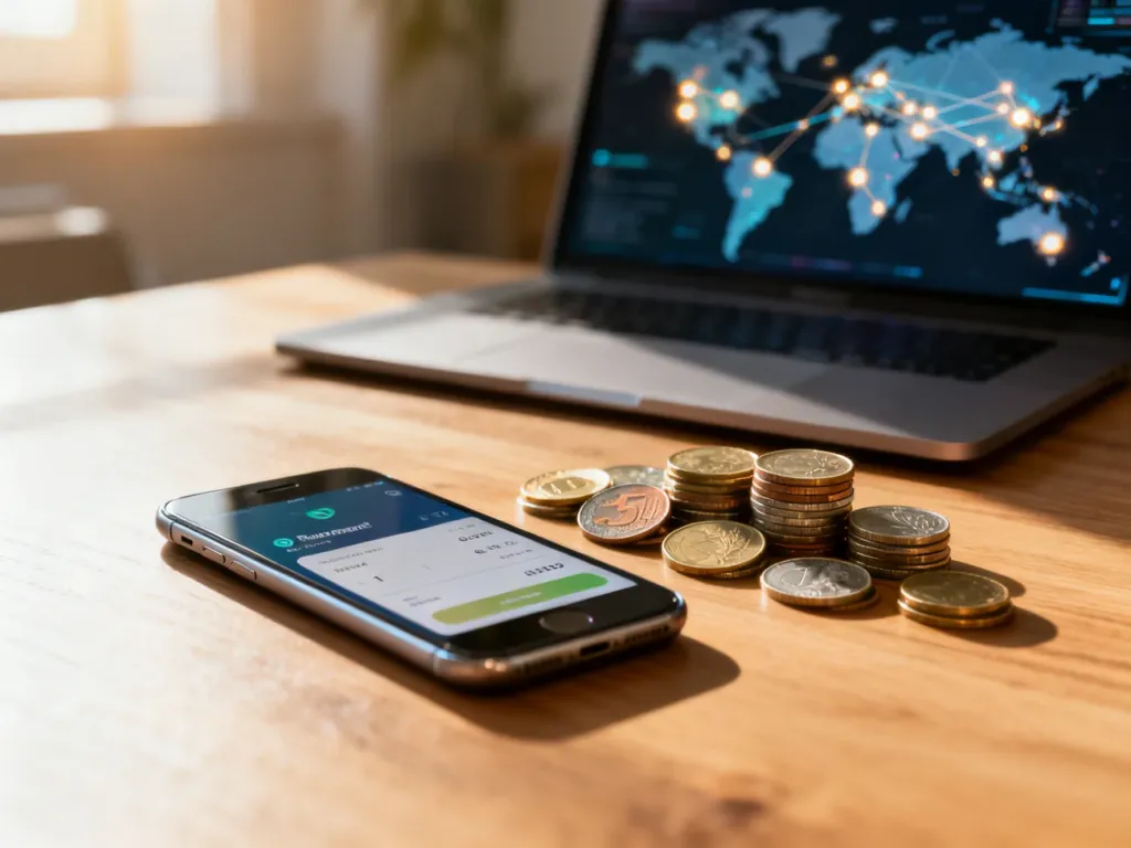 Smartfon z interfejsem płatności i monety na biurku, symbolizujące globalne metody płatności online.