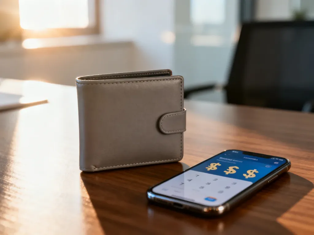 Skórzany portfel i smartfon z aplikacją bankową na biurku, symbolizujące nowoczesne zarządzanie finansami i kontem walutowym.