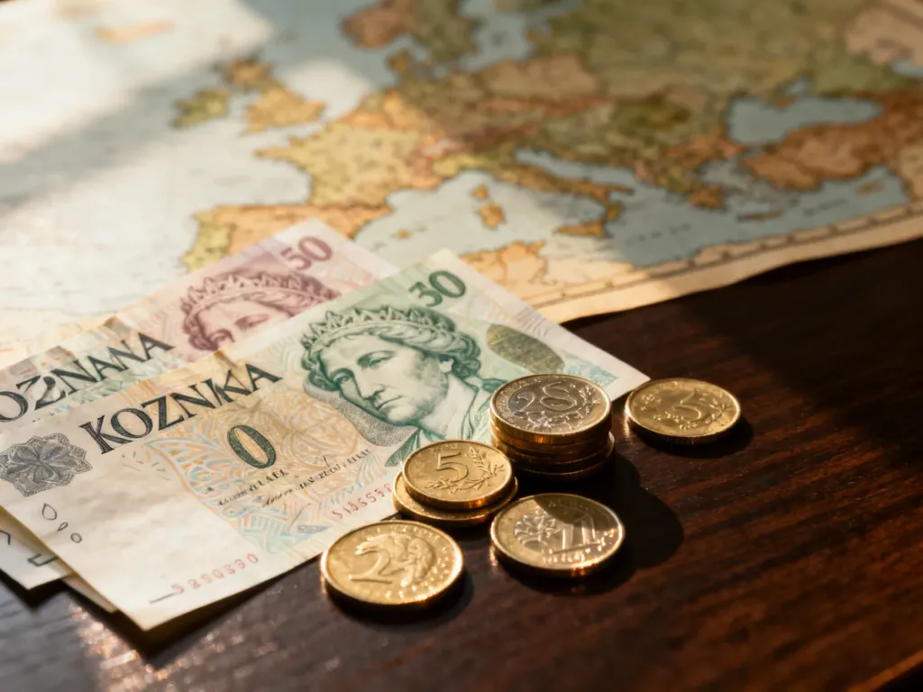 Banknoty i monety korony czeskiej ułożone na drewnianym stole na tle mapy Europy.