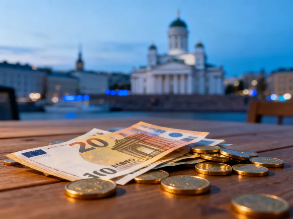 Banknoty i monety euro na drewnianym stole na tle rozmytej panoramy Helsinek.