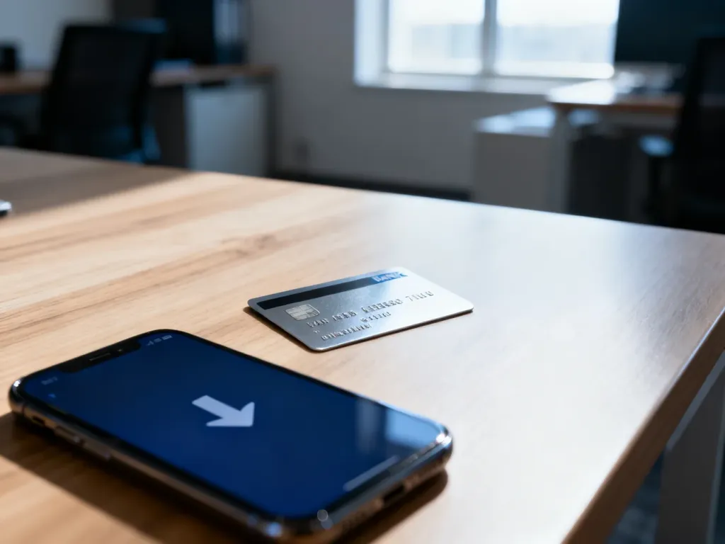 Karta płatnicza i smartfon z aplikacją bankową na biurku, symbolizujące operacje finansowe i obciążenie rachunku.