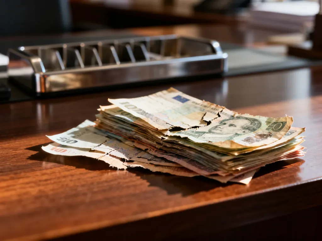 Stos uszkodzonych i zużytych banknotów leżący na drewnianym biurku, gotowych do wymiany w banku.