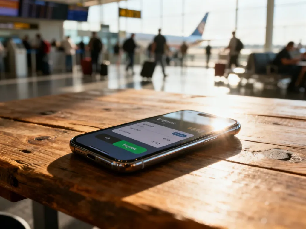 Nowoczesny smartfon z interfejsem płatności na tle lotniska, sugerujący możliwość korzystania z BLIKA za granicą.