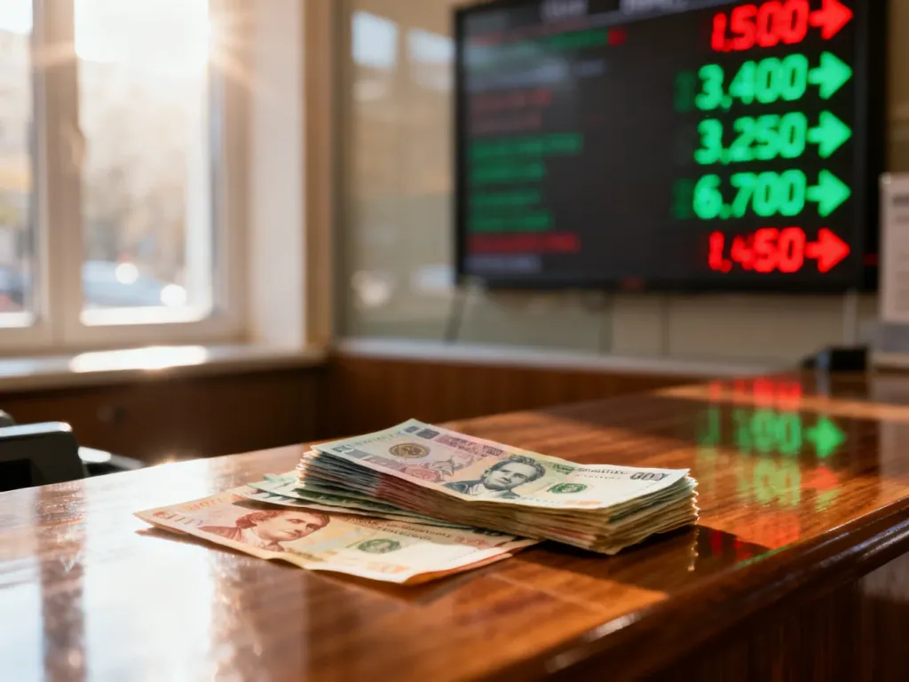 Stos banknotów różnych walut na ladzie kantoru z tablicą kursów w tle, ilustrujący proces wymiany pieniędzy.