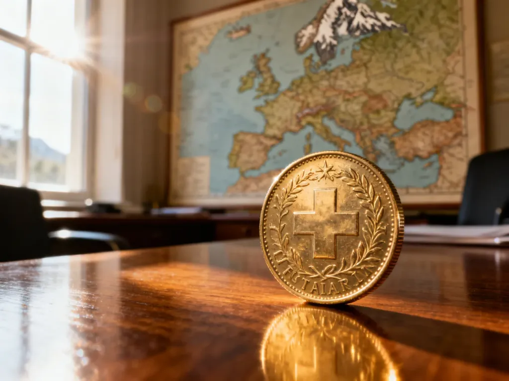 Moneta franka szwajcarskiego na drewnianym biurku na tle rozmytej mapy Europy.