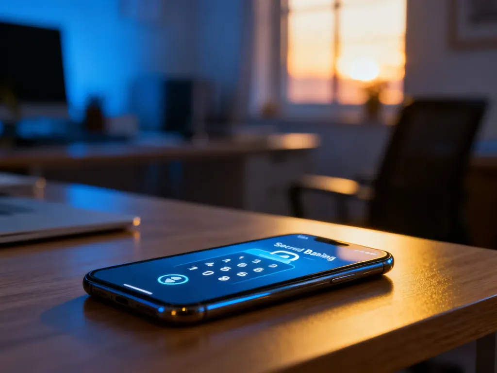 Nowoczesny smartfon z interfejsem bankowości na drewnianym biurku, symbolizujący bezpieczne korzystanie z usług finansowych.