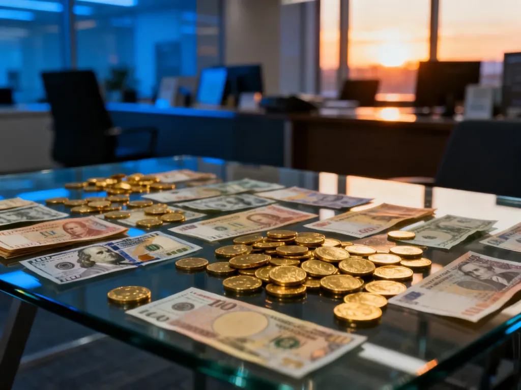 Różnorodne banknoty i złote monety na szklanym stole, symbolizujące obrót dewizami w nowoczesnym środowisku finansowym.