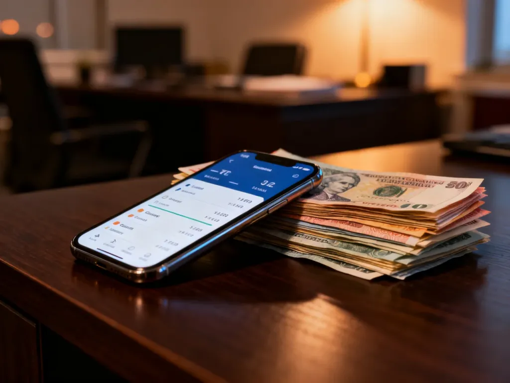 Smartfon z aplikacją do wymiany walut leżący na biurku obok pliku banknotów, symbolizujący nowoczesne usługi finansowe.
